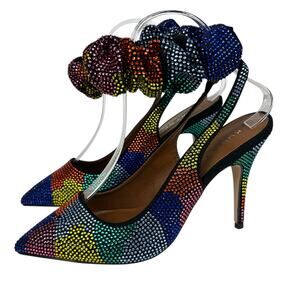 Kurt Geiger Multi Colored Crystal Rhinestone Scrunchie Pointed Toe Heels 6.5